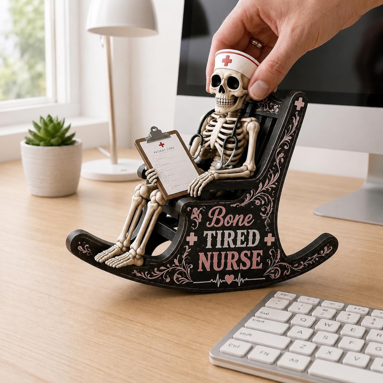 Personalized Halloween Skeleton Rocking Chair Wooden Sign, Funny Slogan Novelty Tabletop Figurine, Office Decor, Gift for Coworkers/Nurses/Friends