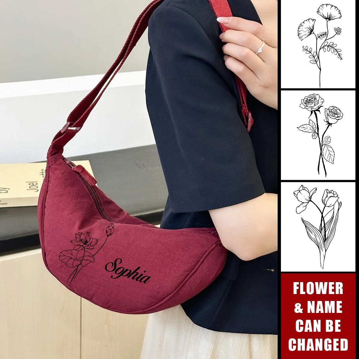Personalized Birth Flower Underarm Crescent Shoulder Backpack Phone Crossbody Bag