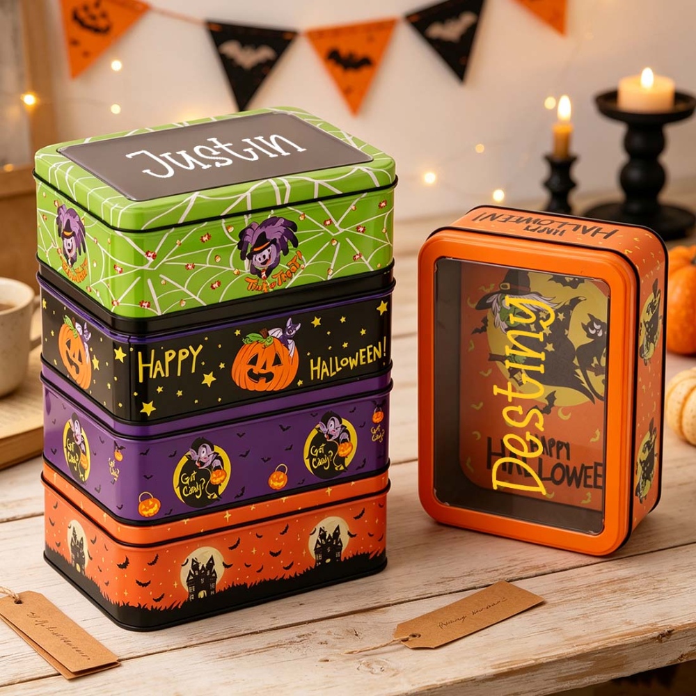 Personalized Halloween Candy Tin Box Custom Name Cookie, Treat Container With Window Lid Spooky Gift Box For Kids