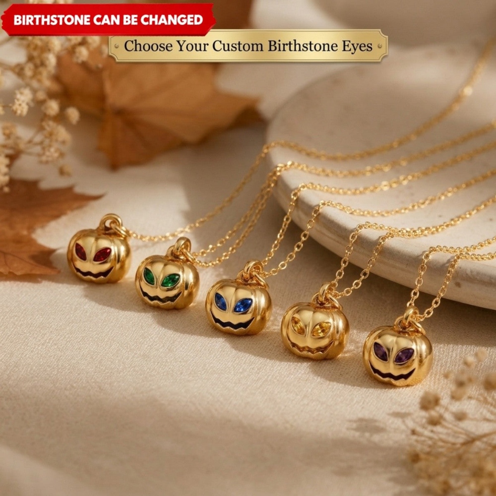 Personalized Pumpkin Birthstone Necklace, Gold Plated Halloween Jewelry Gift For Women Mom