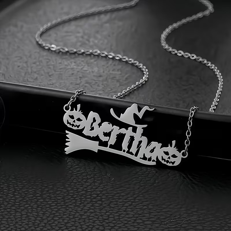 Personalized Stainless Steel Halloween Name Necklace, Unique Gothic Font, Witch Hat & Broom Charm, Pumpkin Pendant, Spooky Gift For Friends