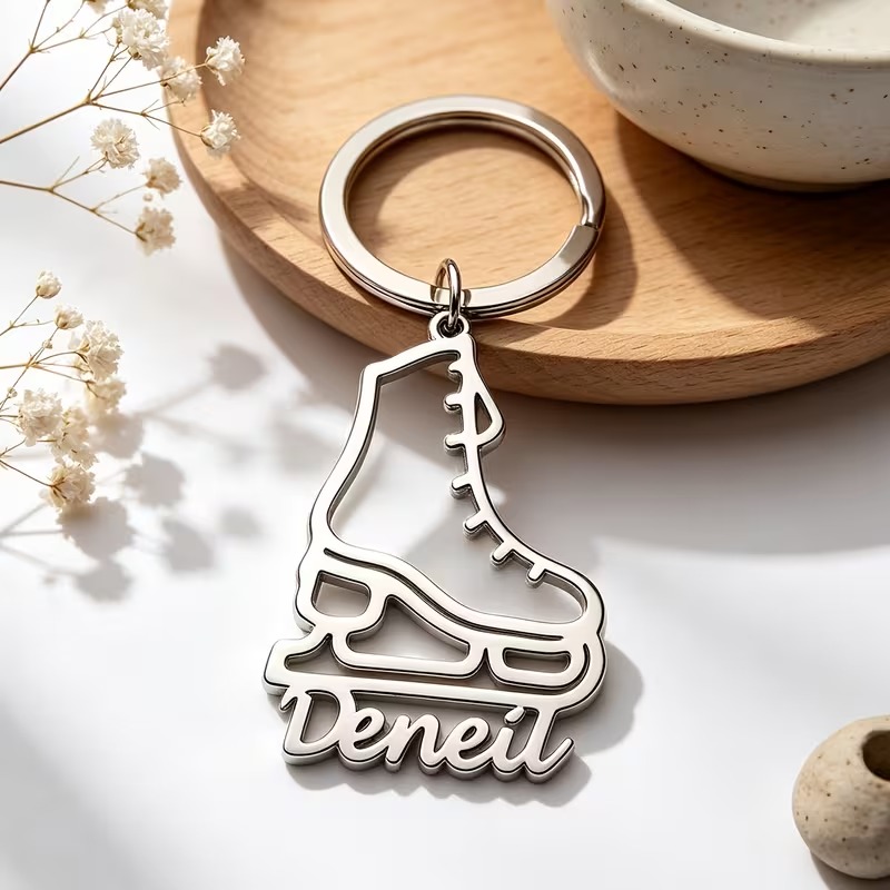 Custom Stainless Steel Hollow-Out Design Name Tag Keychain, Roller Skate Roller Skater Keychain