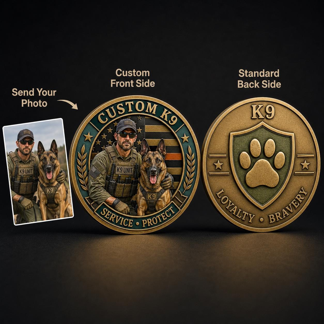 Personalized Police Dog Handler Medallion, Custom Photo K9 Challenge Coin, Military Working Dog Gift, Printed Service Protect Token