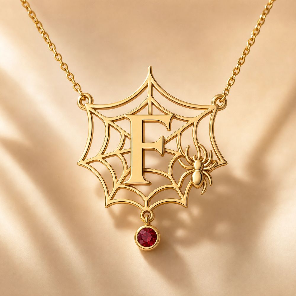 Personalized Spider Web Initial Necklace, Gothic Birthstone Jewelry, Halloween Gift for Her