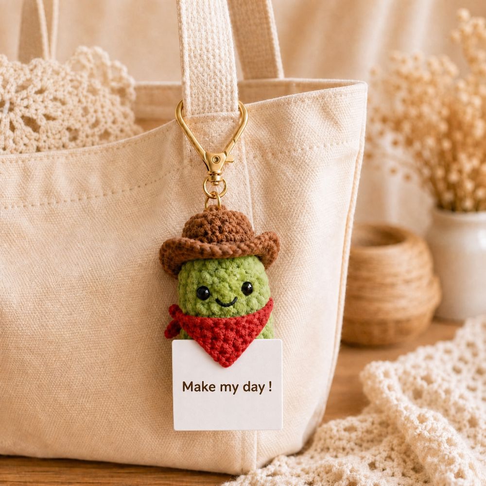 Custom Lucky Cowboy Pickle Crochet Keychain, Emotional Support Pickle Car Charm, Funny Western Bag Accessory, Personalized Amigurumi Gift