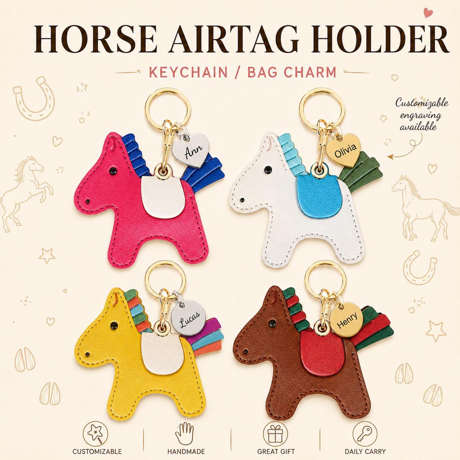 Custom Cute Pony Horse Keychain with Name, PU‑Leather Multi‑Color Animal Bag Charm, Backpack Accessory, Birthday Gift for Horse Lovers/Girls/Kids
