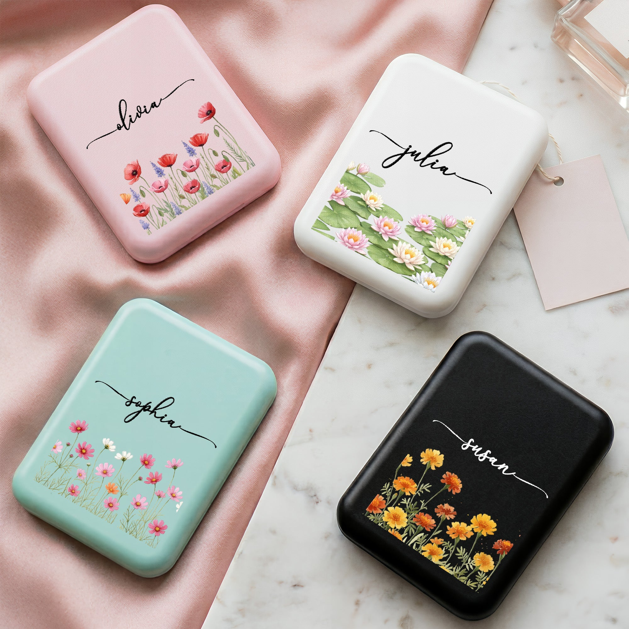 Personalized Birth Flower LED Compact Mirror – Custom Name Gift for Her