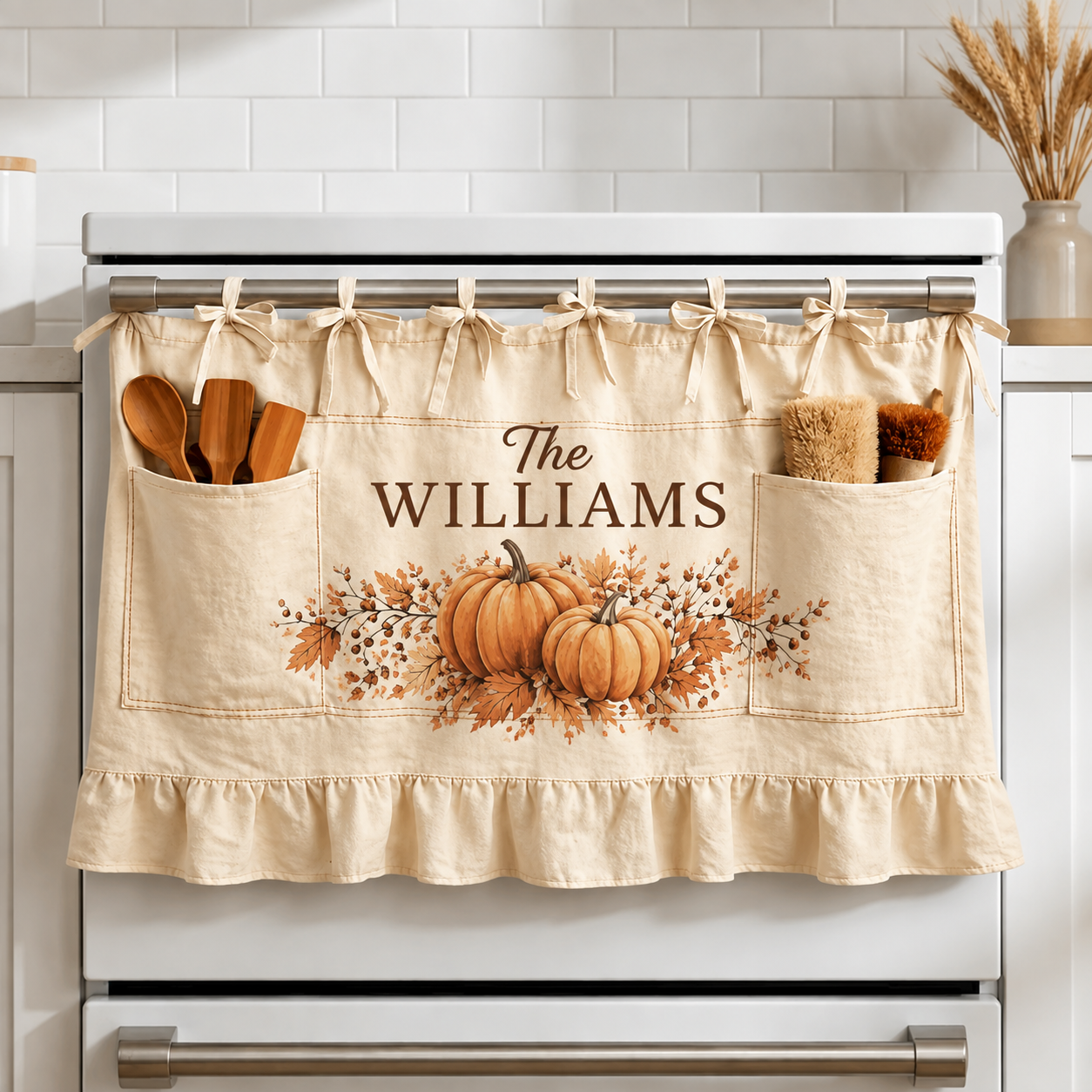 Personalized Fall Oven Skirt, Custom Family Name Oven Curtain with Pockets, Pumpkin Farmhouse Kitchen Decor, Ruffled Stove Skirt, Autumn Home Gift