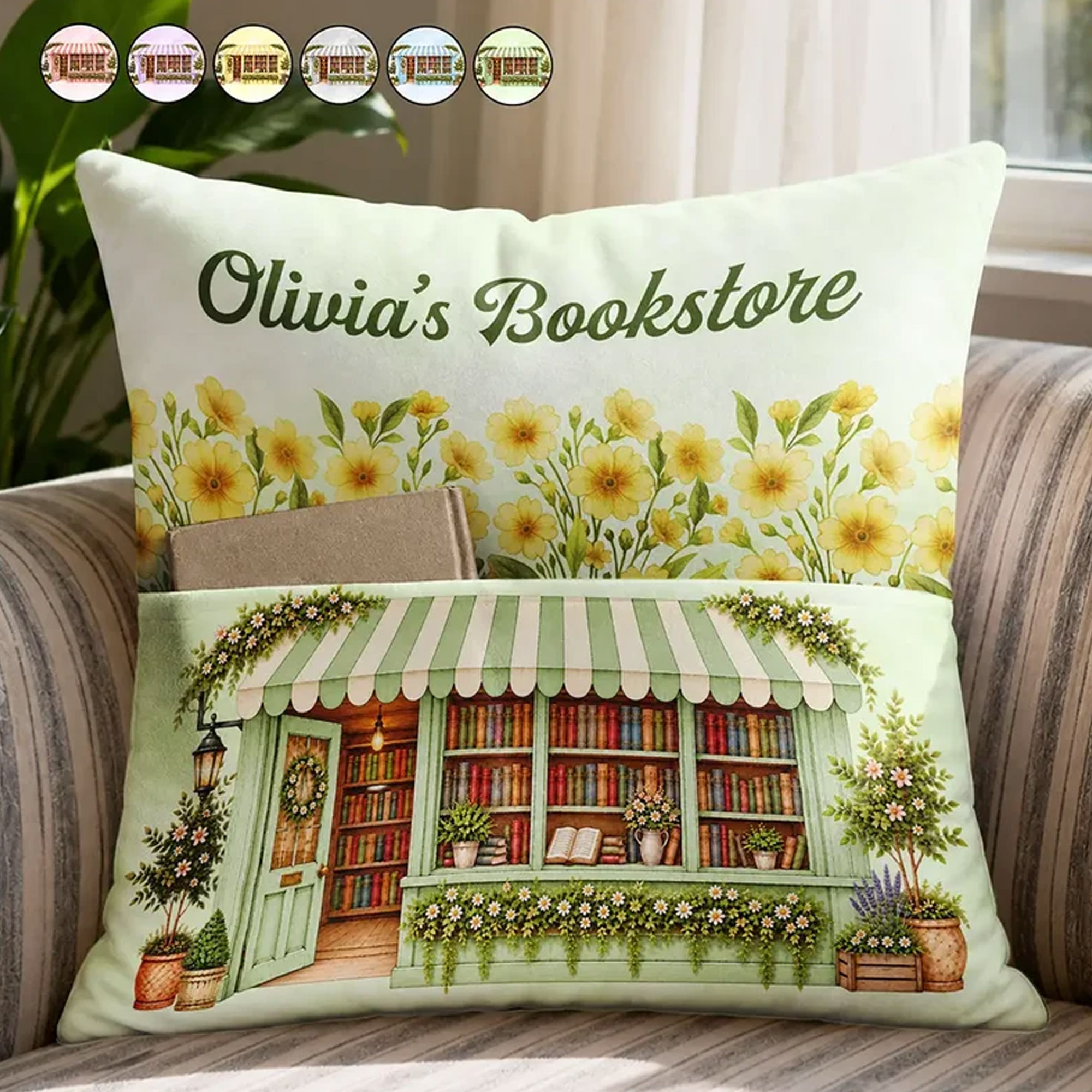 Custom Birth Flower Bookstore Pocket Pillow with Name, Multicolor Pillowcase with Optional Insert, Home Decor, Birthday Gift for Teens/Kids/Family