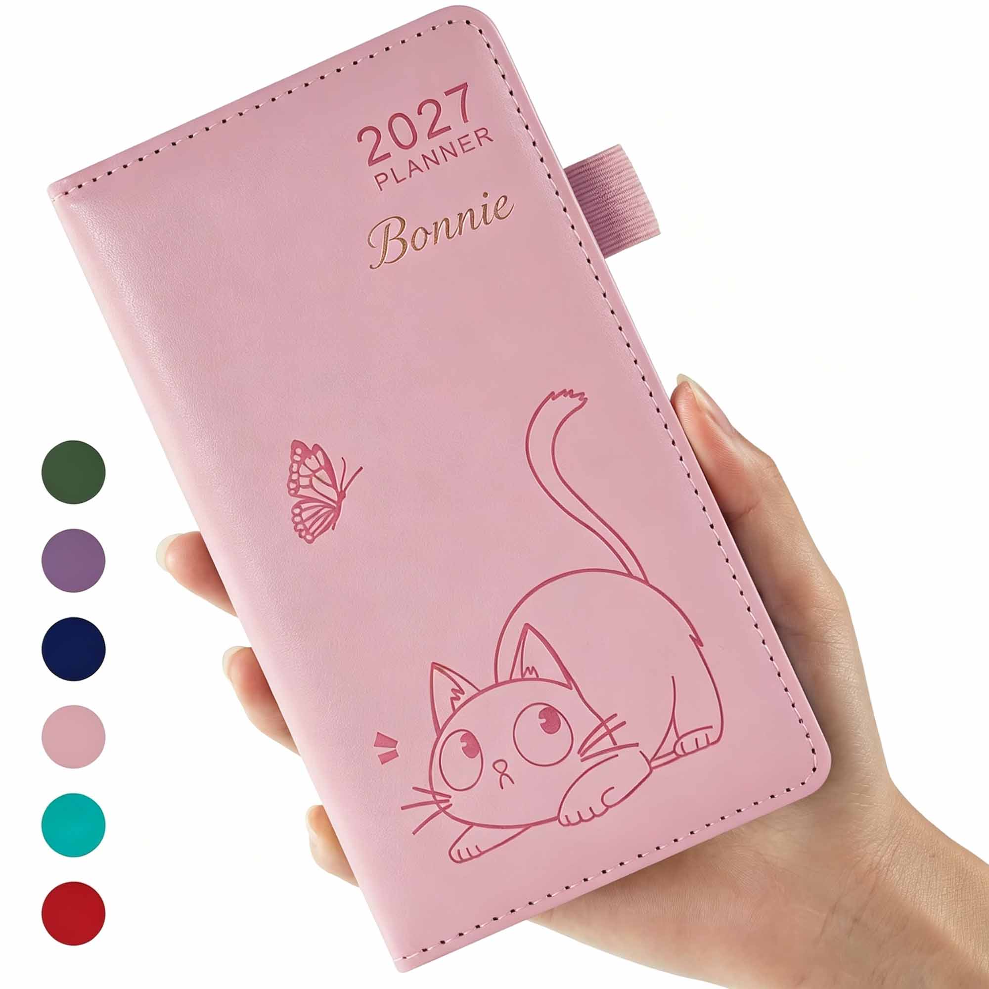Personalized 2027 Pocket Weekly Planner, Custom Engraved Name, Cat & Butterfly Debossed PU Leather Cover, Portable Gift For Women Girls Friends