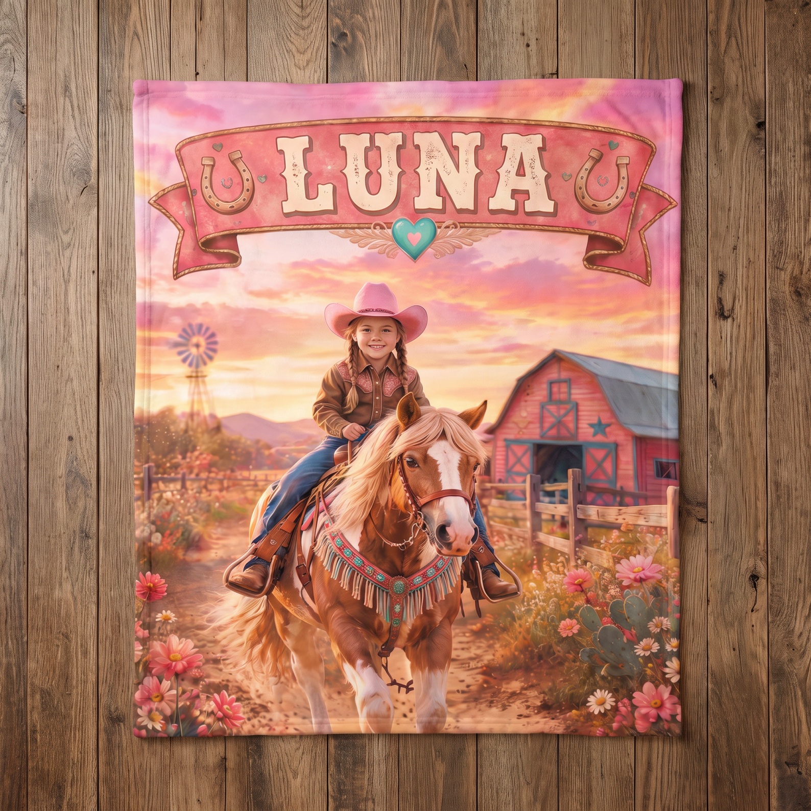 Personalized Cowgirl Blanket, Custom Name & Photo Horse Themed Gift For Girls, Western Birthday Gift