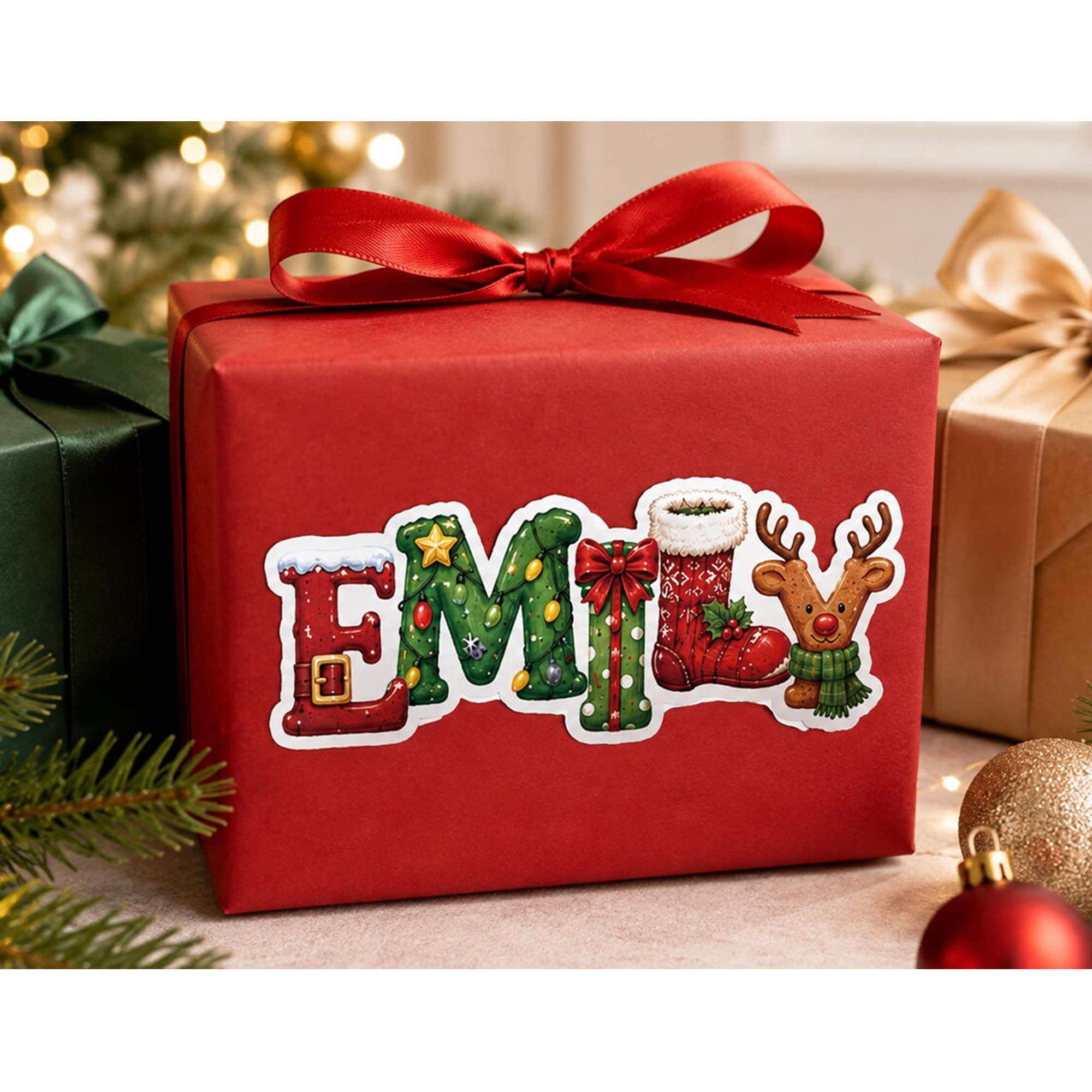 Personalized Christmas Name Stickers, Custom Kids Letter Decal, Xmas Gift Wrap Label