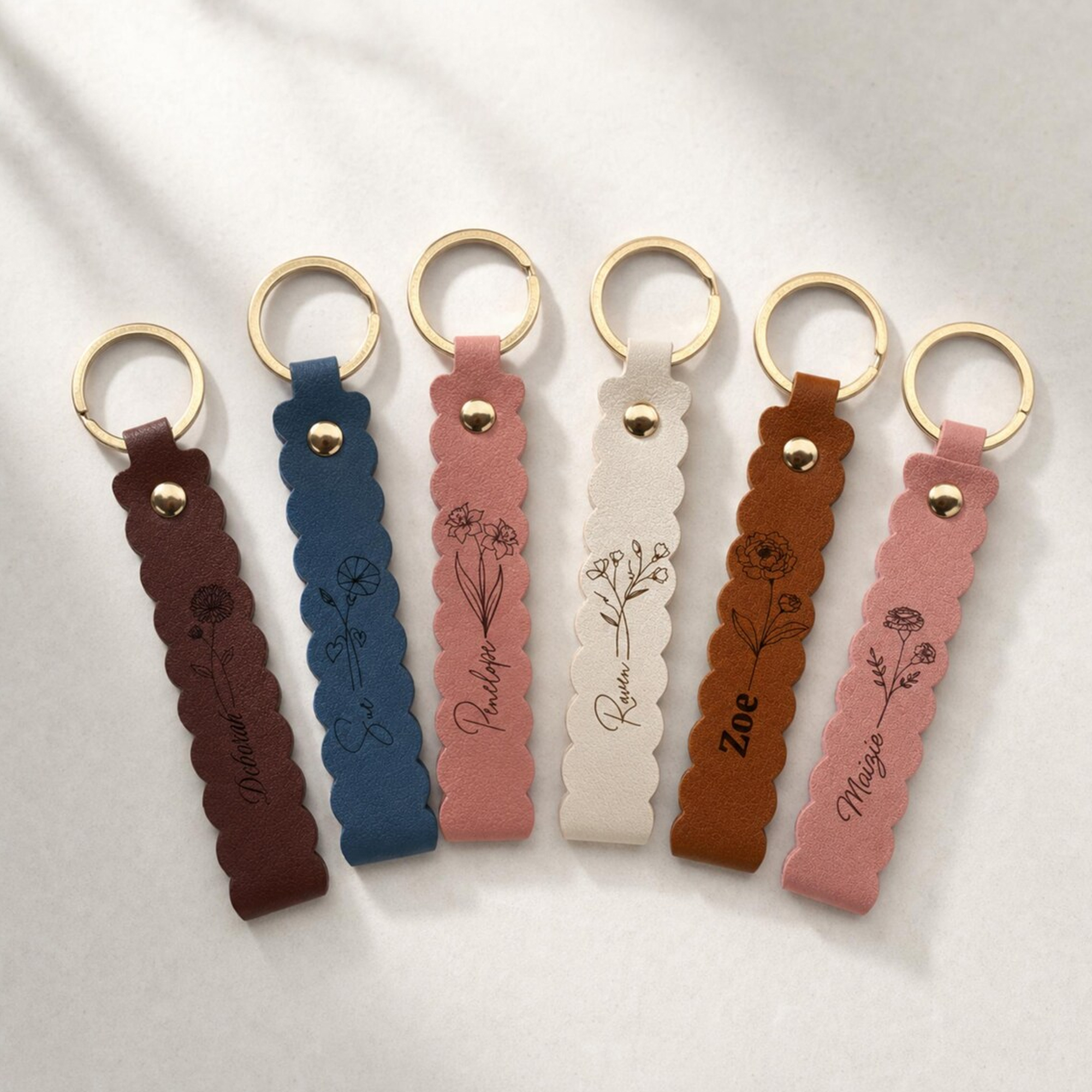 Personalized Birth Flower Leather Keychain With Name, Gift For Her