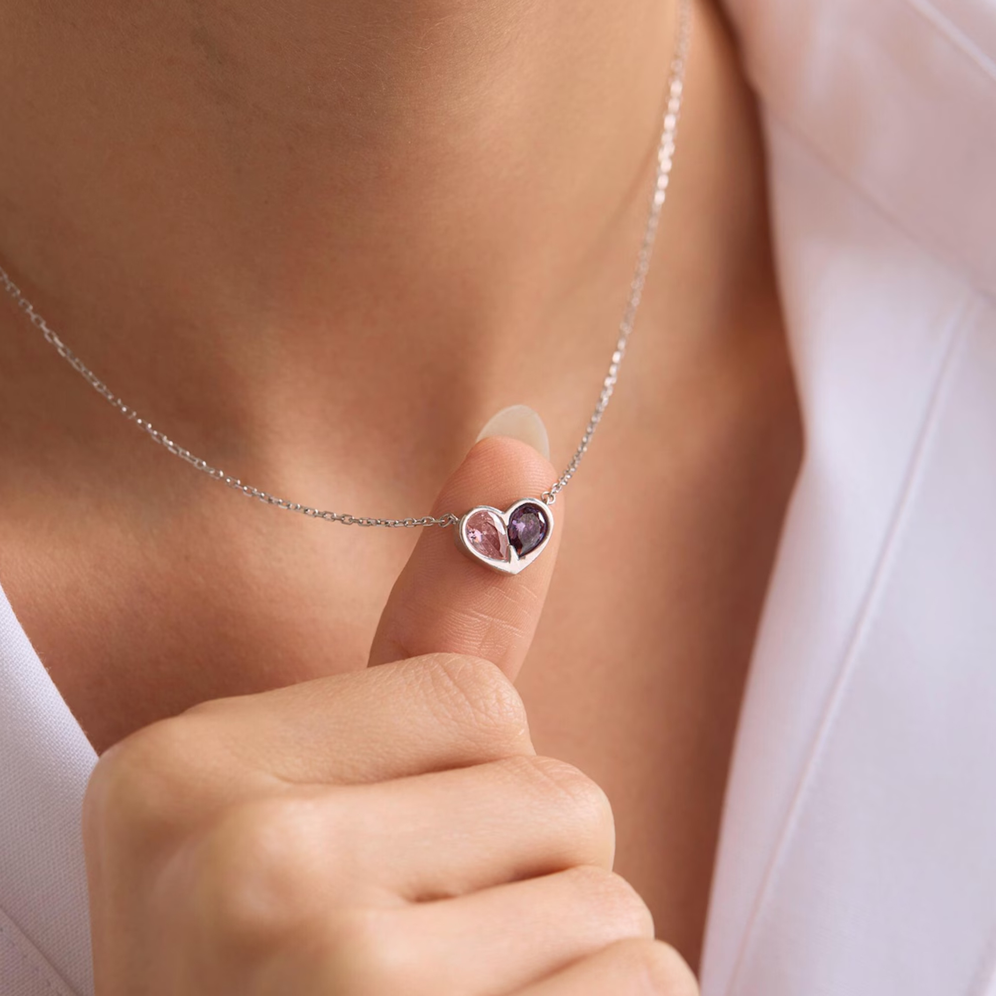 Personalized Two Hearts Birthstone Necklace, Dainty Jewelry, Birthday Anniversary Gift, Gift For Her