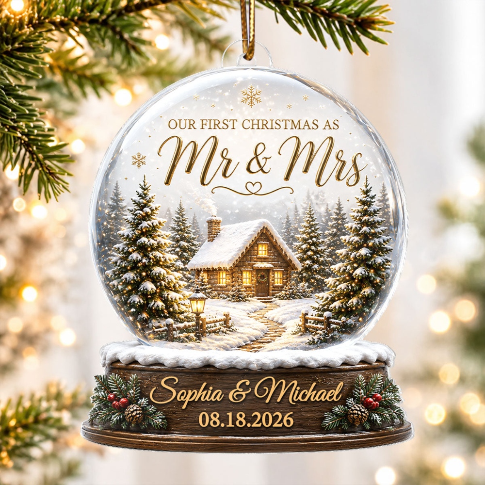 First Christmas Married, Personalized Acrylic Ornament, Custom Mr and Mrs Keepsake, Winter Cabin Ornament, Newlywed Gift
