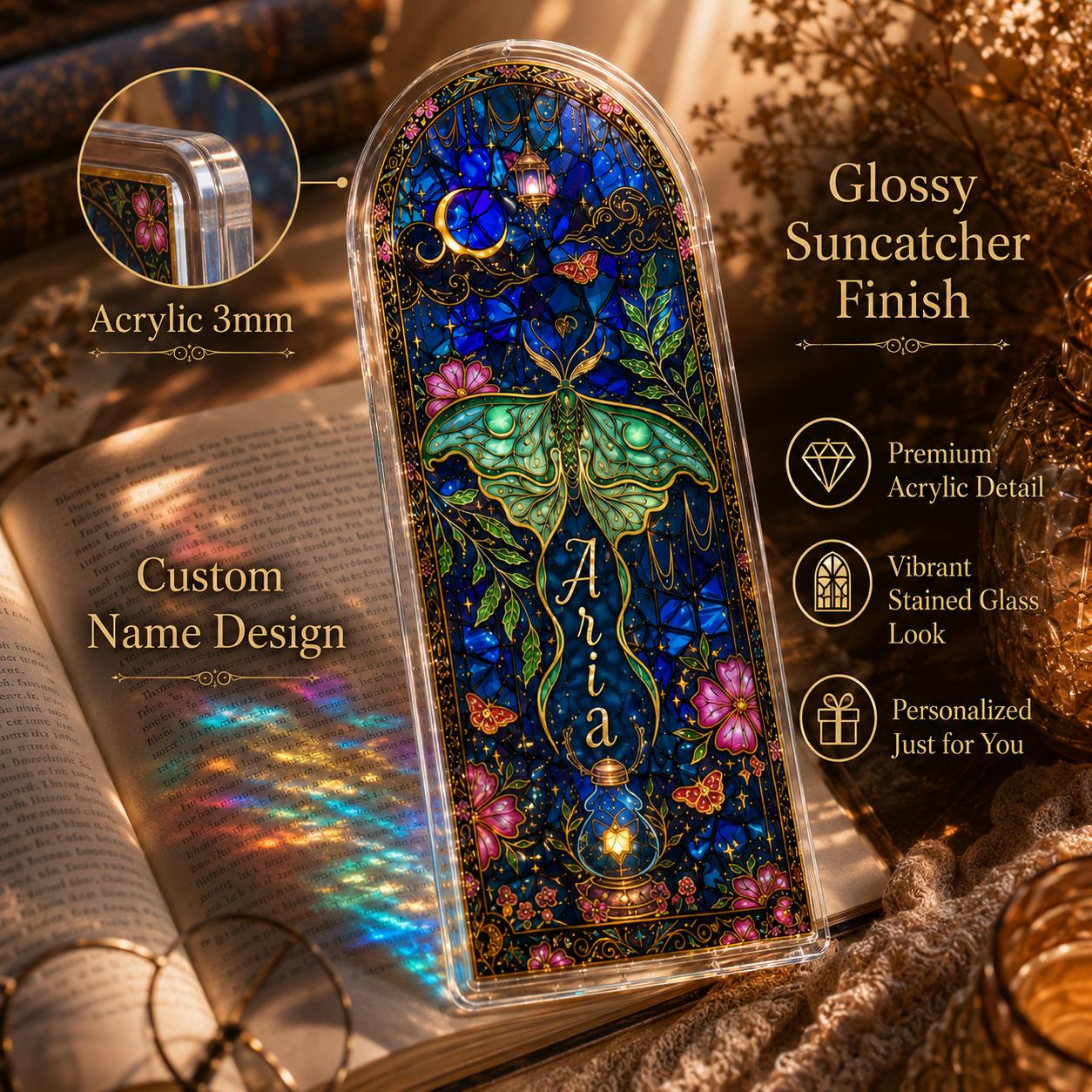 Personalized Stained Glass Luna Moth Bookmark Suncatcher, Fantasy Reader Gift