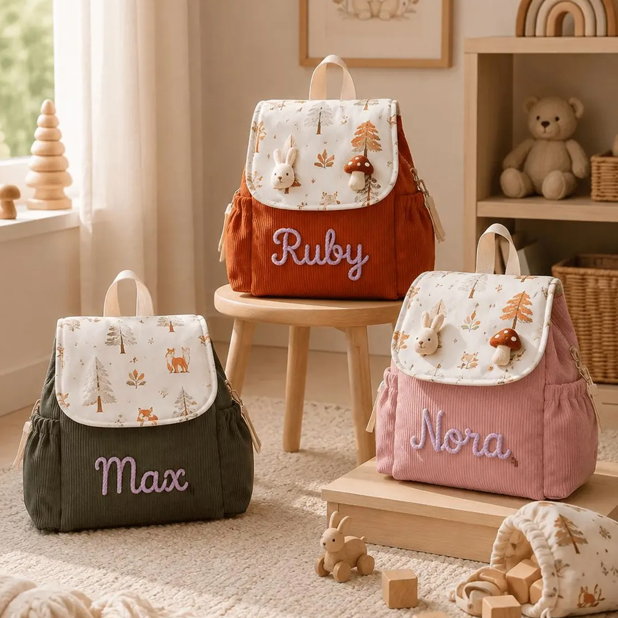 Personalized Corduroy Kids Backpack, Custom Embroidered Name Woodland Animal Backpack, Preschool Toddler Daycare Bag, Gift For Boys Girls