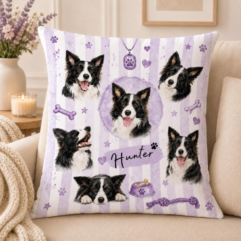 Custom Striped Pet Photo Pillow, Personalized Dog Or Cat Name Cushion, Multiple Face Throw Pillow, Pet Lover Home Decor Gift