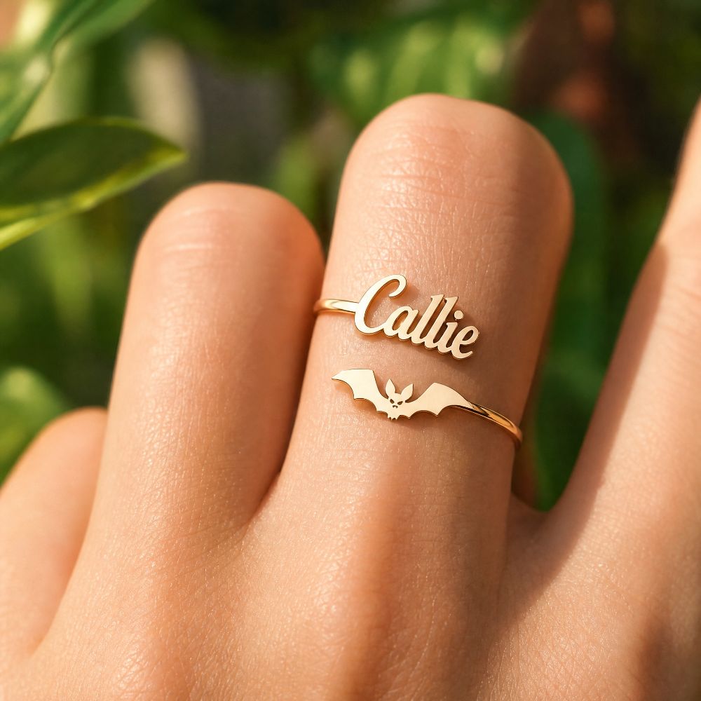 Personalized Name Bat Ring, Customed Women's Halloween Ring