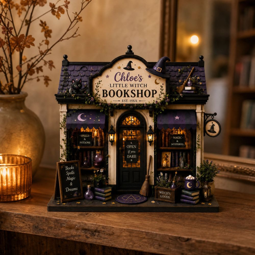 Personalized Little Witch Bookstore, Multi-Layer Wooden Decoration, Custom Witch Bookstore Bookshelf Decoration, Book Love Gift, Fantasy Decoration