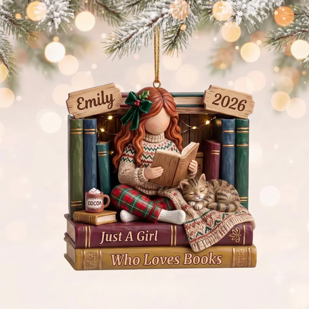 Custom Bookworm Ornament, Personalized Just A Girl Who Loves Books Wood Keepsake, Christmas Gift For Reading Book Lovers, Xmas Reader Decor