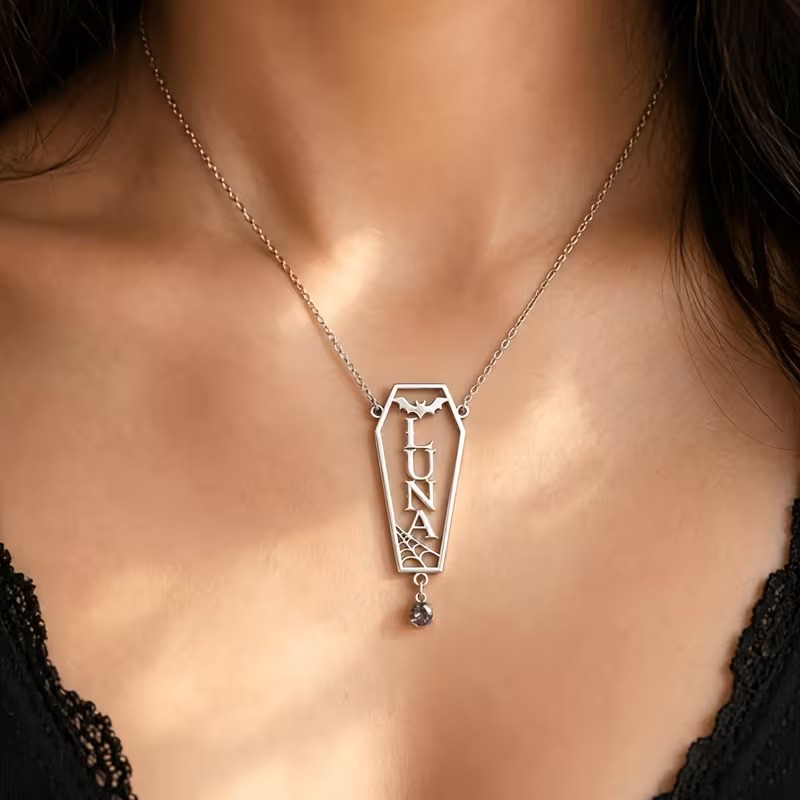 Personalized Goth Coffin Necklace, Custom Name & Birthstone Pendant with Bat & Web Gothic, 18K Gold Plated Suitable for Daily Wear, Halloween Gifts