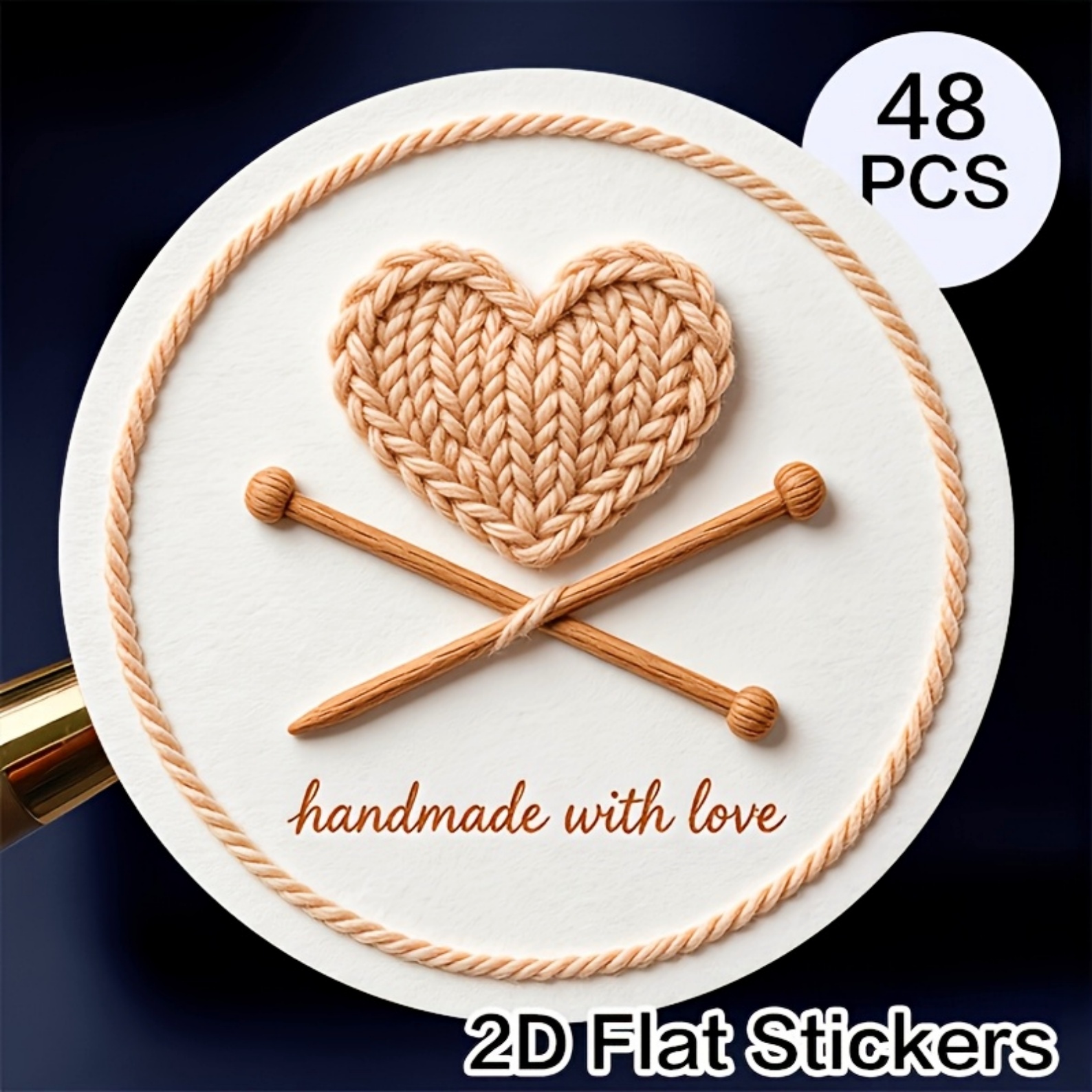Handmade with Love Stickers, Knitted Heart & Crossed Knitting Needles Self‑Adhesive Labels, Crochet & Knit Gifts