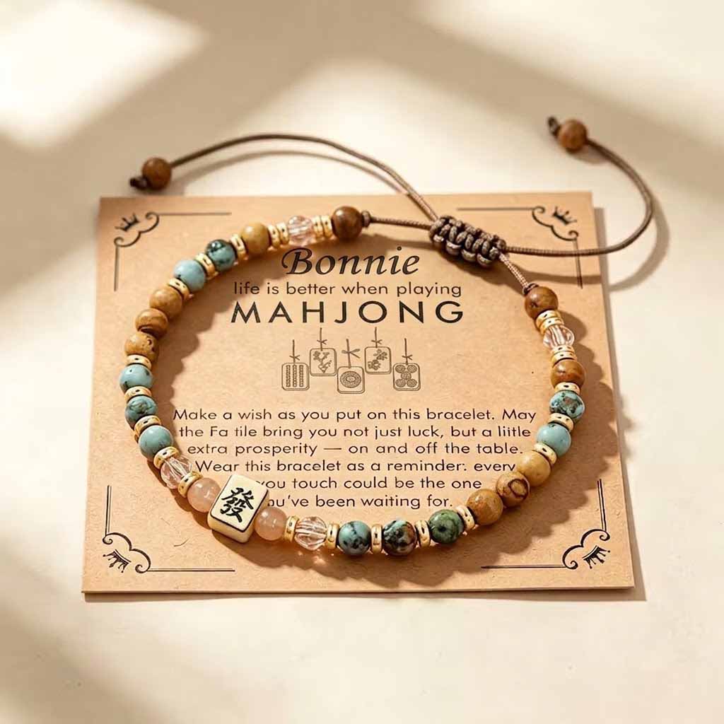 Personalized Mahjong "Fa" Tile Wish Bracelet – Custom Name Lucky Charm Jewelry Gift for Mahjong Lovers