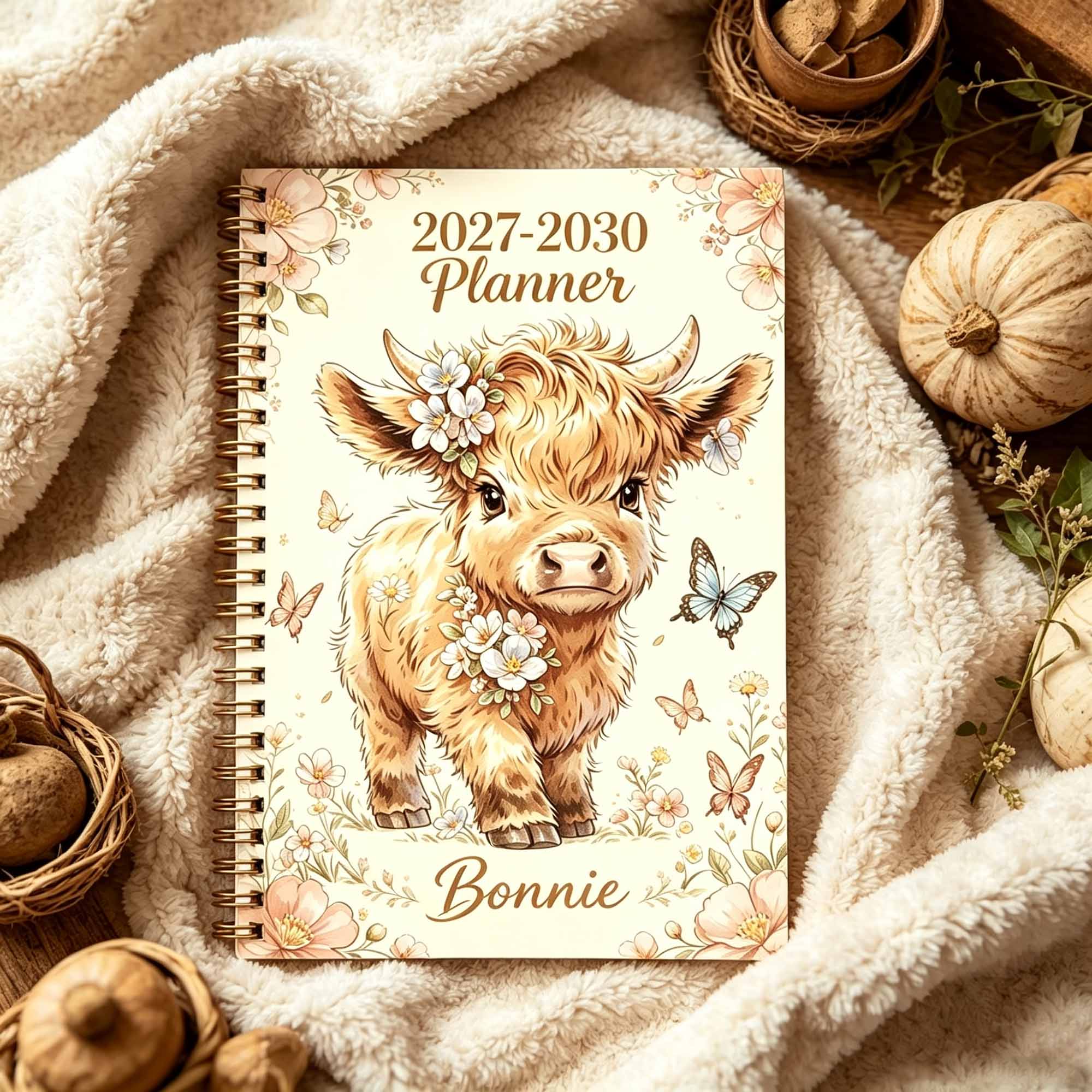 Custom Name Highland Cow Planner 2027‑2030, Personalized Cottagecore Spiral Notebook, Unique Gift for Women