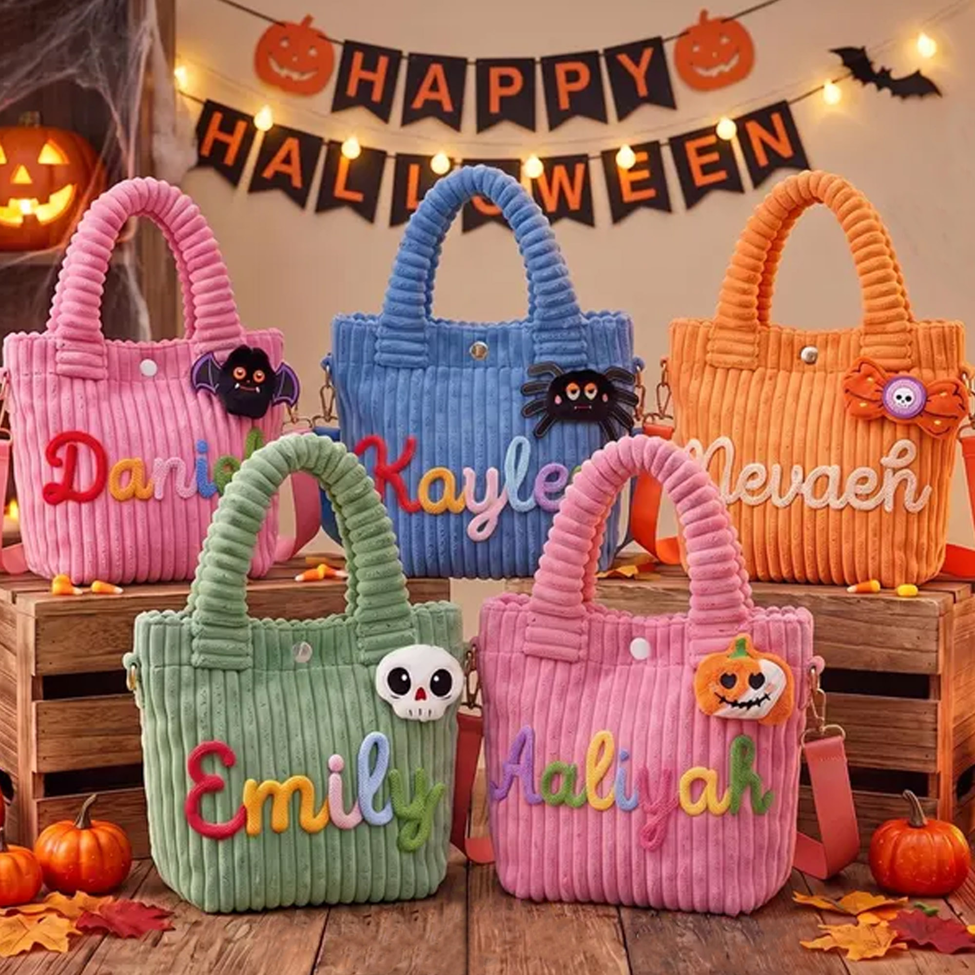 Personalized Halloween Kids Handbag with Name, Corduroy Trick or Treat Candy Bag, Tote Bag with 3D Plush Cartoon Patches, Gift for Toddlers/Boys/Girls