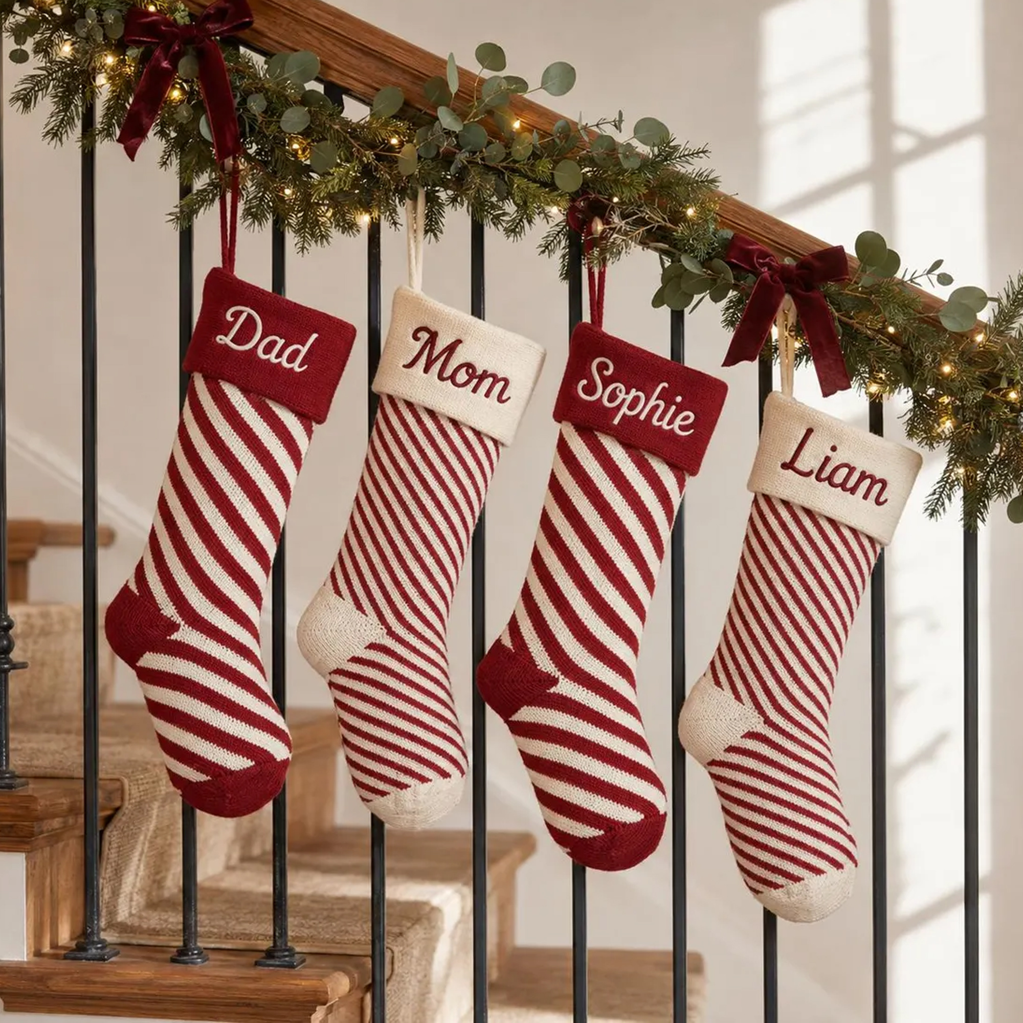 Personalized Embroidered Striped Christmas Stocking with Name, Knit Family Stockings, Xmas Gifts, Holiday Decor