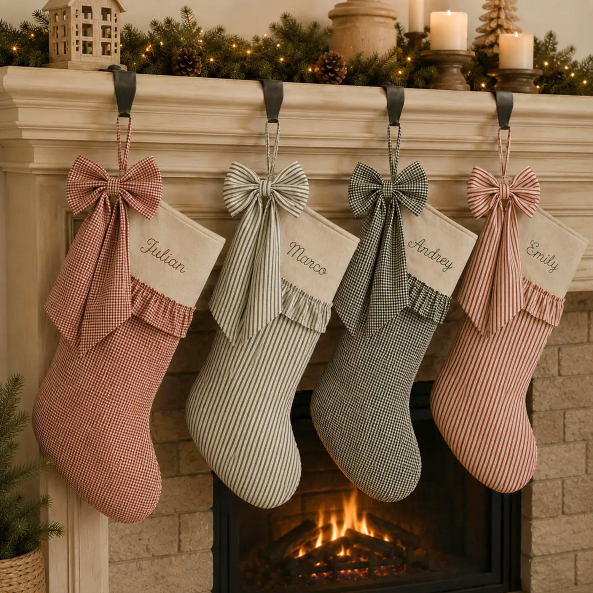Personalized Gingham & Striped Embroidered Name Stocking,  Christmas Stocking with Bow, Family Christmas Stockings, Farmhouse Decor