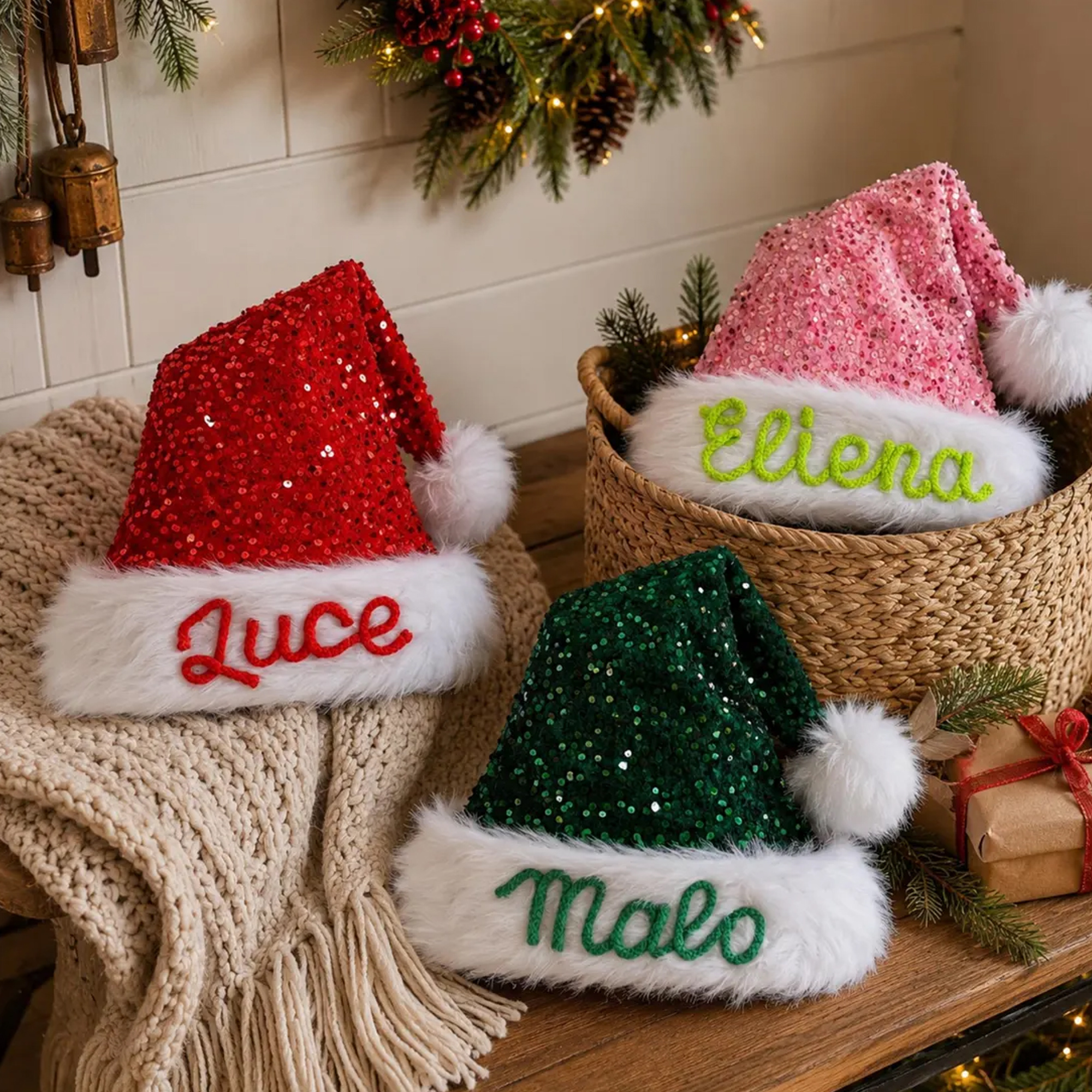 Custom Name Sequin Christmas Hat, Family Santa Hat, Holiday Party Hat, Christmas Photo Prop