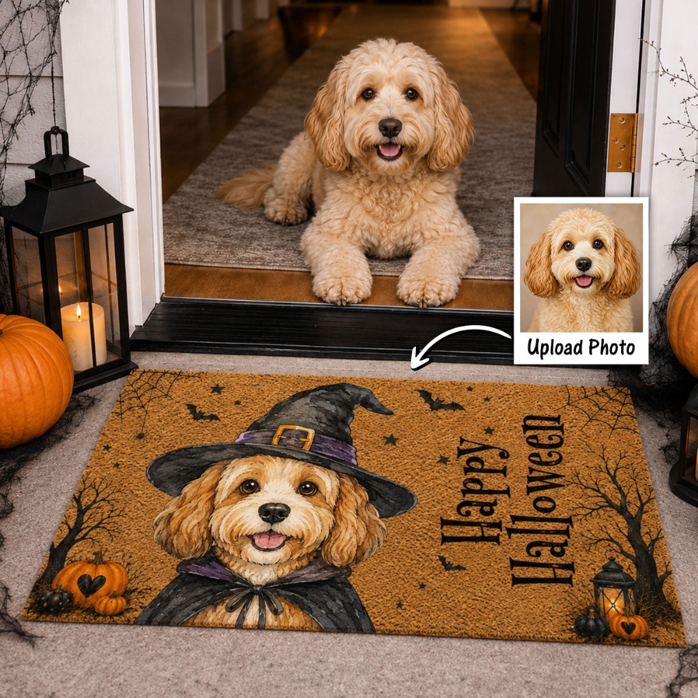Happy Halloween Custom Dog Cat Pet Photo Watercolor Style Art, Personalized Doormat, Halloween Decor for Dog and Cat Lovers