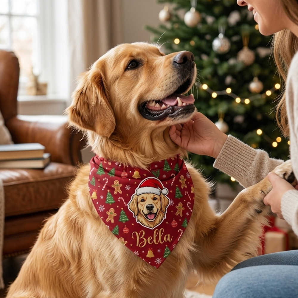 Personalized Dog Bandana, Custom Pet Name Christmas Print, Cute Puppy Scarf Xmas Triangle Bib Gift