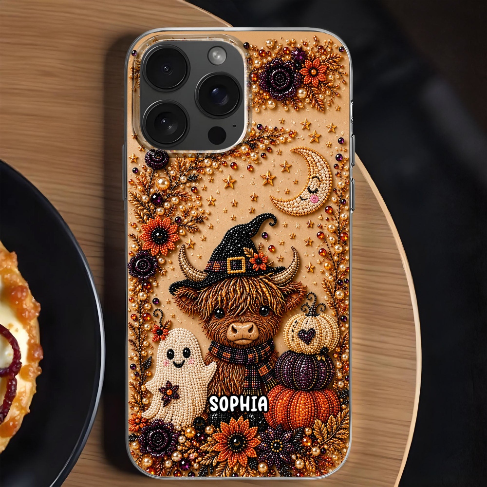Spooky Highland Cow, Personalized Clear Phone Case, Halloween Gift