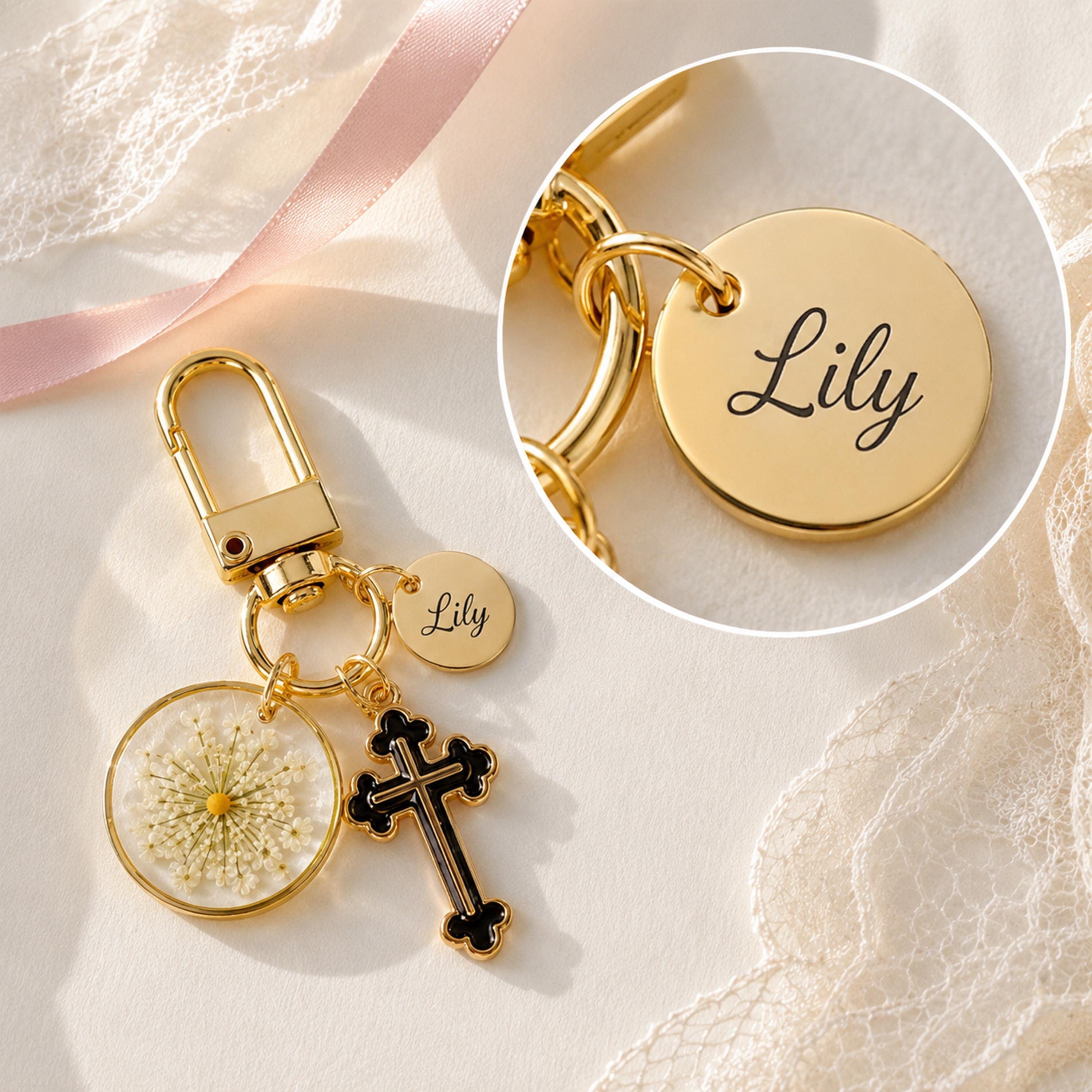 Custom Mustard Seed Cross Keychain, Personalized Religious Keyring, Faith Gift with Scripture Card, Christian Baptism Gift