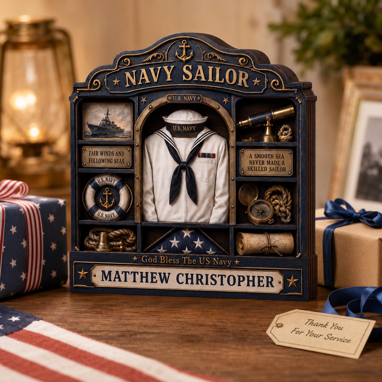 Personalized Navy Sailor Wooden Block, Customizable U.S. Navy Decor, Patriotic Veteran Gift for Dad, Retirement Keepsake for Him