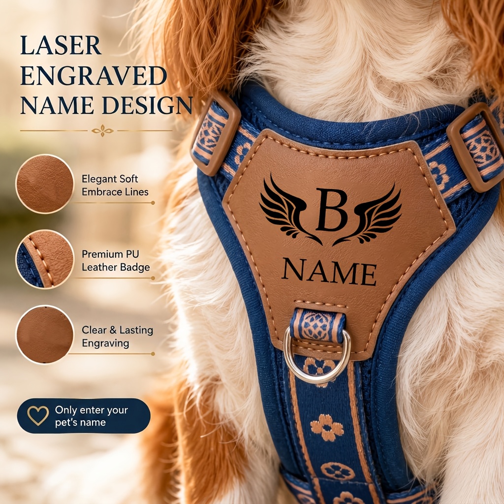 Personalized Name Dog Harness Vest, No-Pull, Anti-Escape, Breathable Mesh with Wing Print, Adjustable Vest-Style Leash System, Hand Washable, for Small to Large Dogs, Perfect for Daily Walks & Training