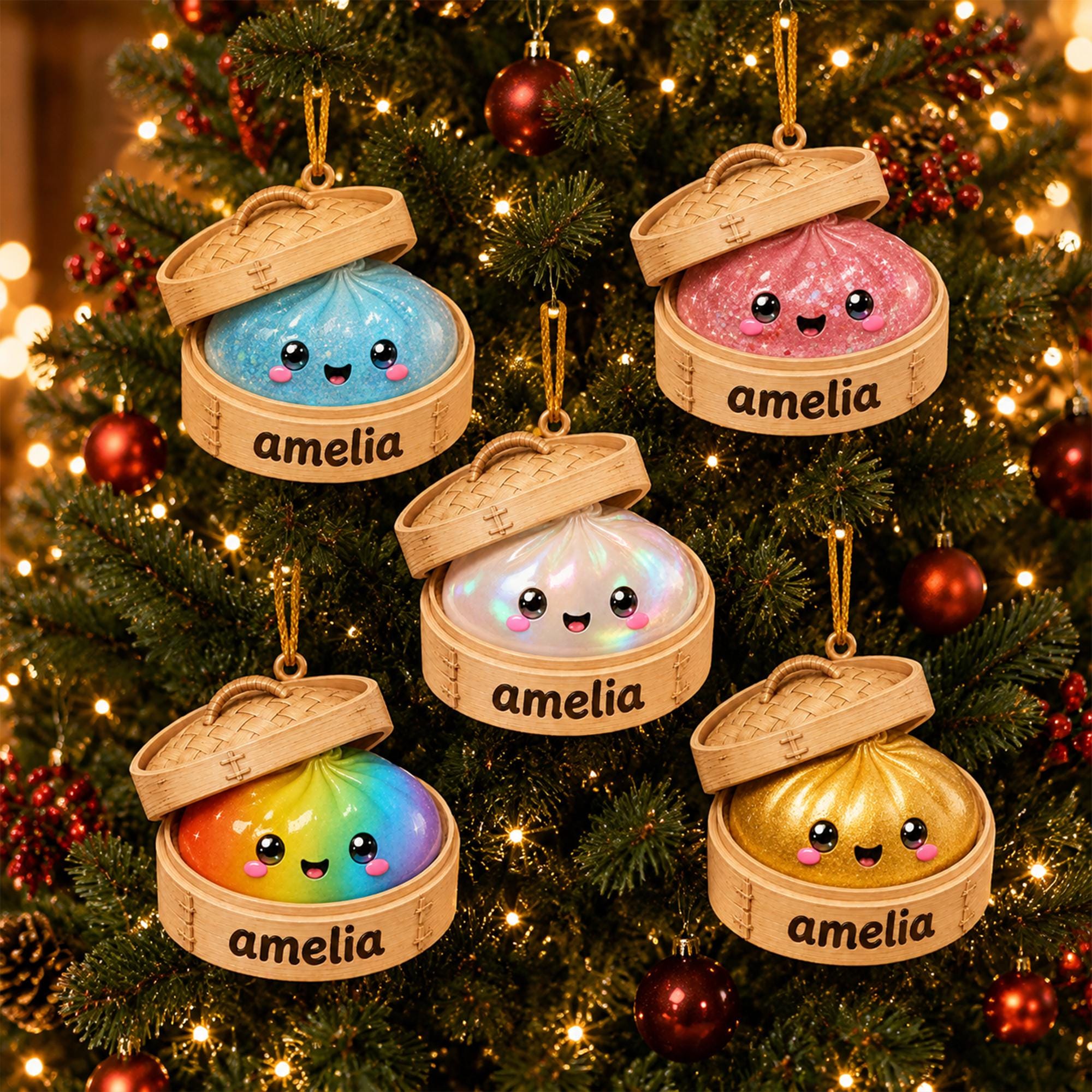 Personalized Glitter Dumpling Ornament, Acrylic Squishy Style Christmas Ornament, Custom Name Ornament, Kids Christmas Gift, Holiday Decor
