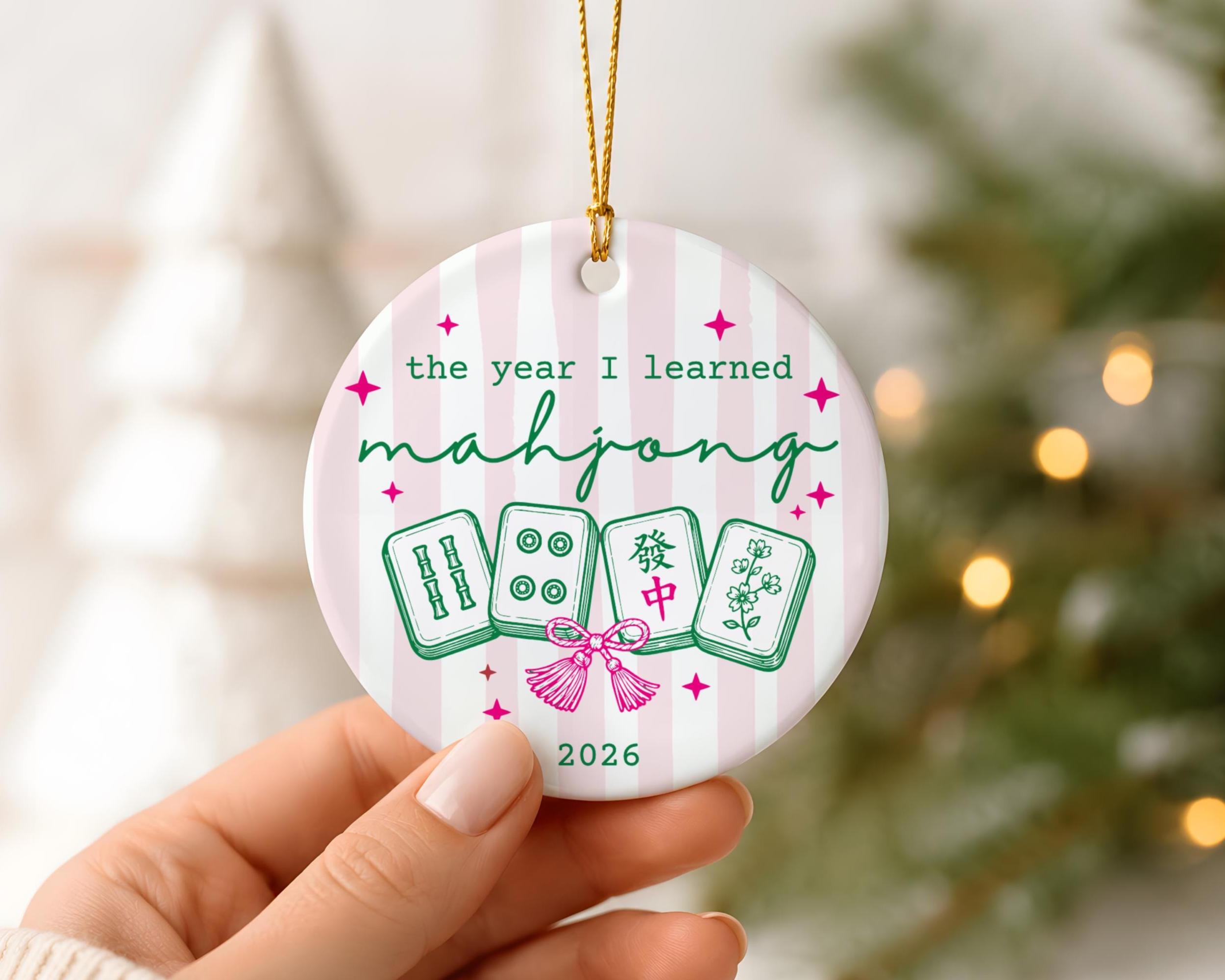 Mahjong Christmas Ornament, Pink and Green Stripes Mah Jong Keepsake, Personalized American Mah Jongg Gift