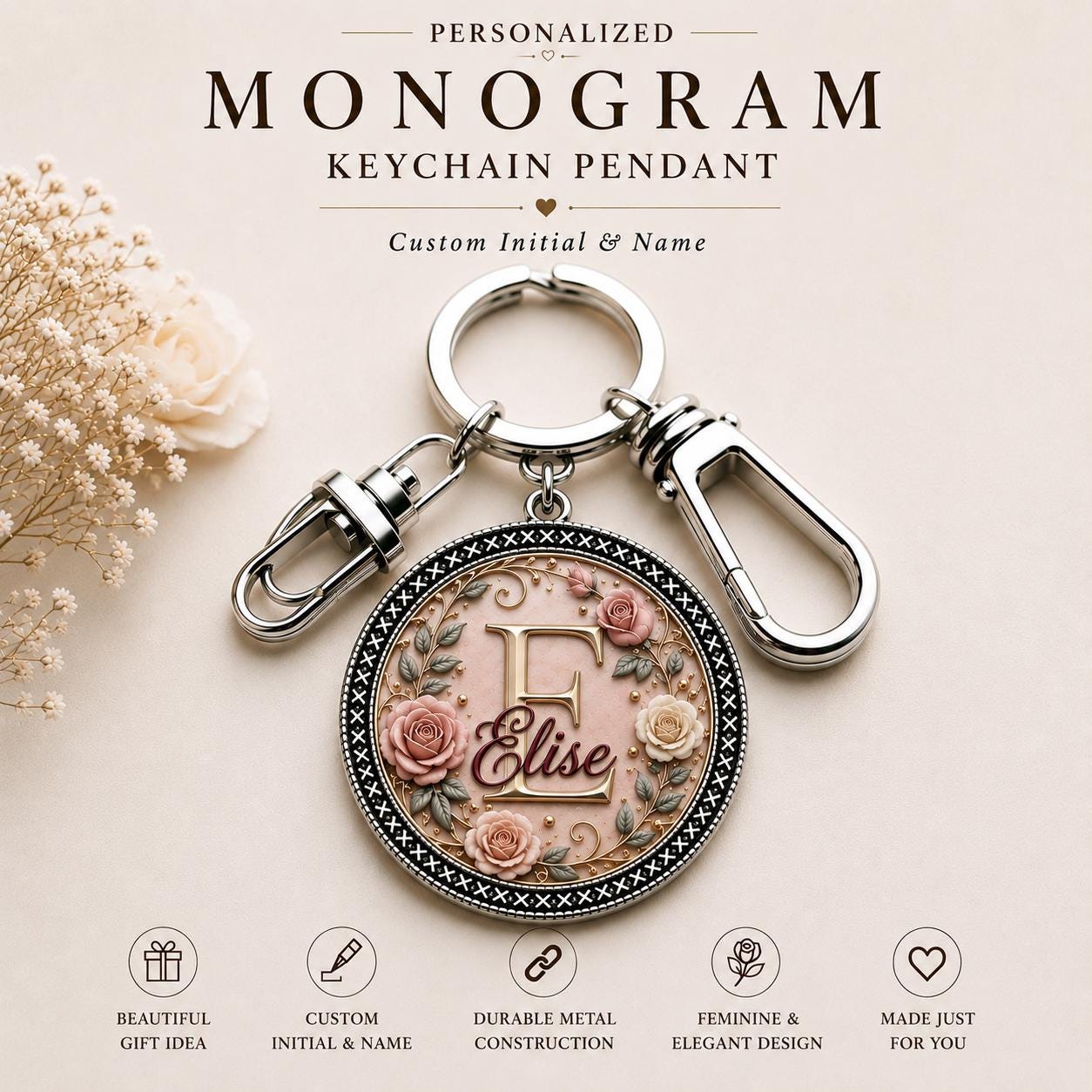 Personalized Floral Monogram Keychain, Custom Initial & Name Keychain, Rose Pendant Keychain, Elegant Personalized Gift for Her