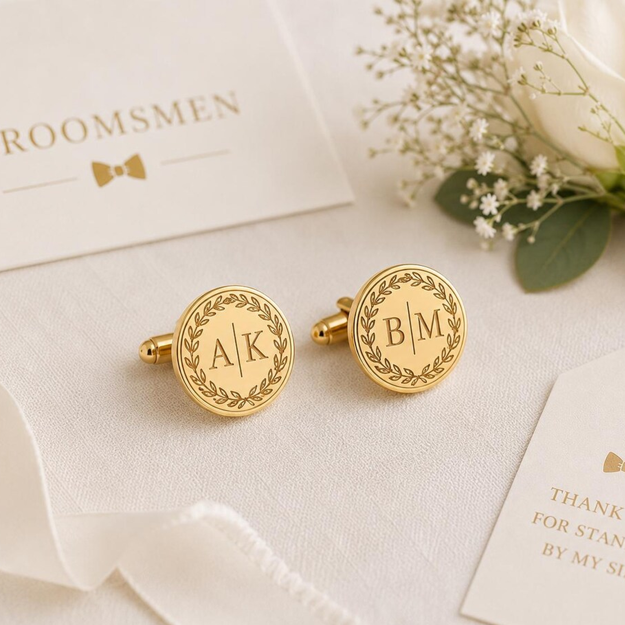 Personalized Laurel Wreath Wedding Monogram Cufflinks, Gift For Groom, Groomsmen
