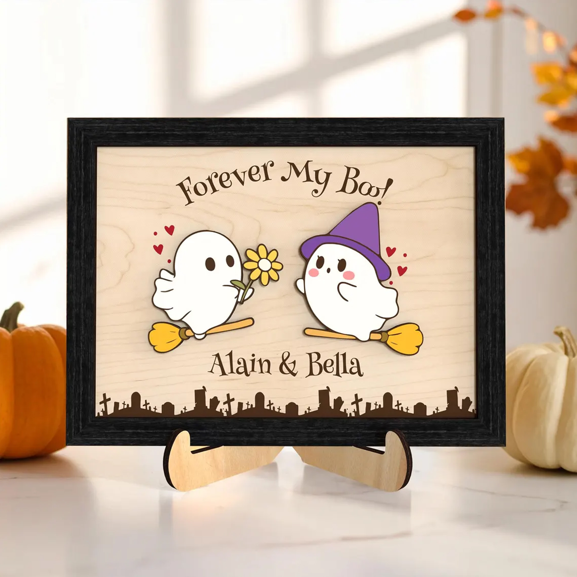 Personalized Forever My Boo Frame, Halloween Cute Ghost Wooden Sign, Gift For Couple