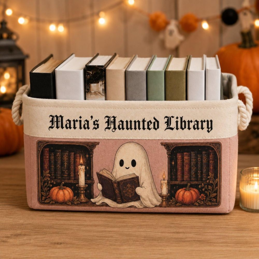Custom Name Haunted Library Book Basket, Personalized Ghost Reading Storage Bin, Halloween Gift for Bookworm, Spooky Room Decor