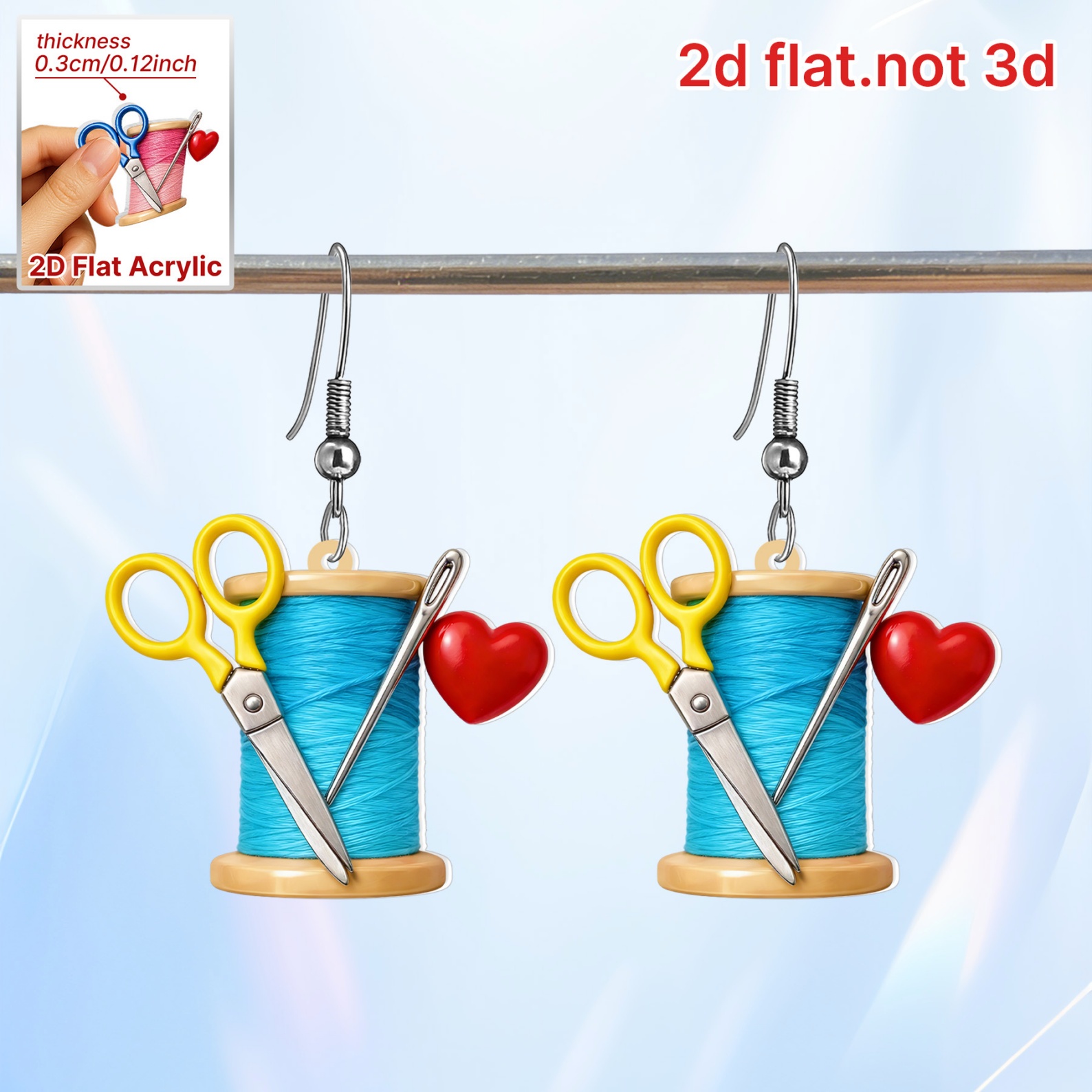 Sewing Thread Spool Earrings with Heart & Scissors, 2D Flat Acrylic Lightweight Ear Jewelry, Birthday/Anniversary Gift for Crafters/Women/Friends