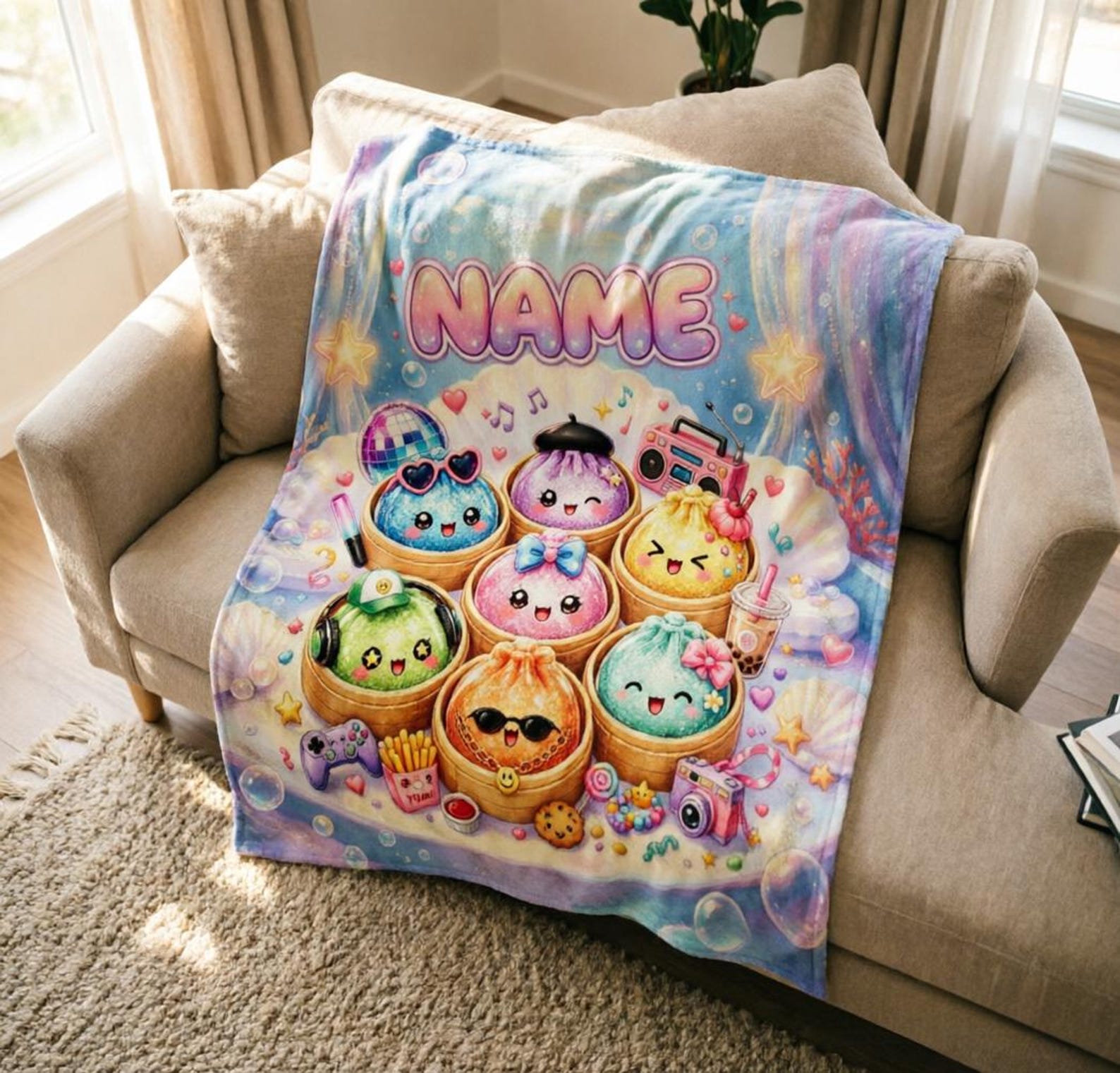 Custom Name Cute Squishy Bao Dumpling Fleece Throw, Cozy Kawaii Gaming Snack Blanket, Gifts for Kids
