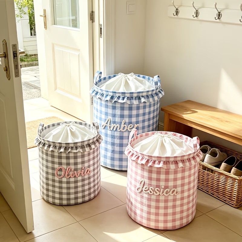 Custom Name Gingham Basket, Personalized Baby Toy & Laundry Storage Bin