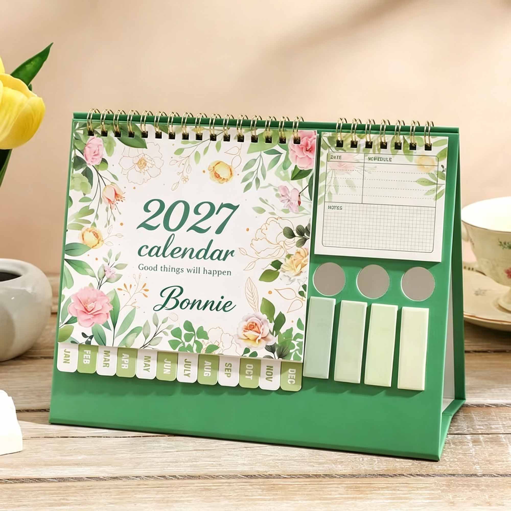 Personalized 2027 Floral Desk Calendar with Built‑In Sticky Notes & Notepad, Customize with Your Name, Perfect Desk Decor & Gift for Home, Office & Students