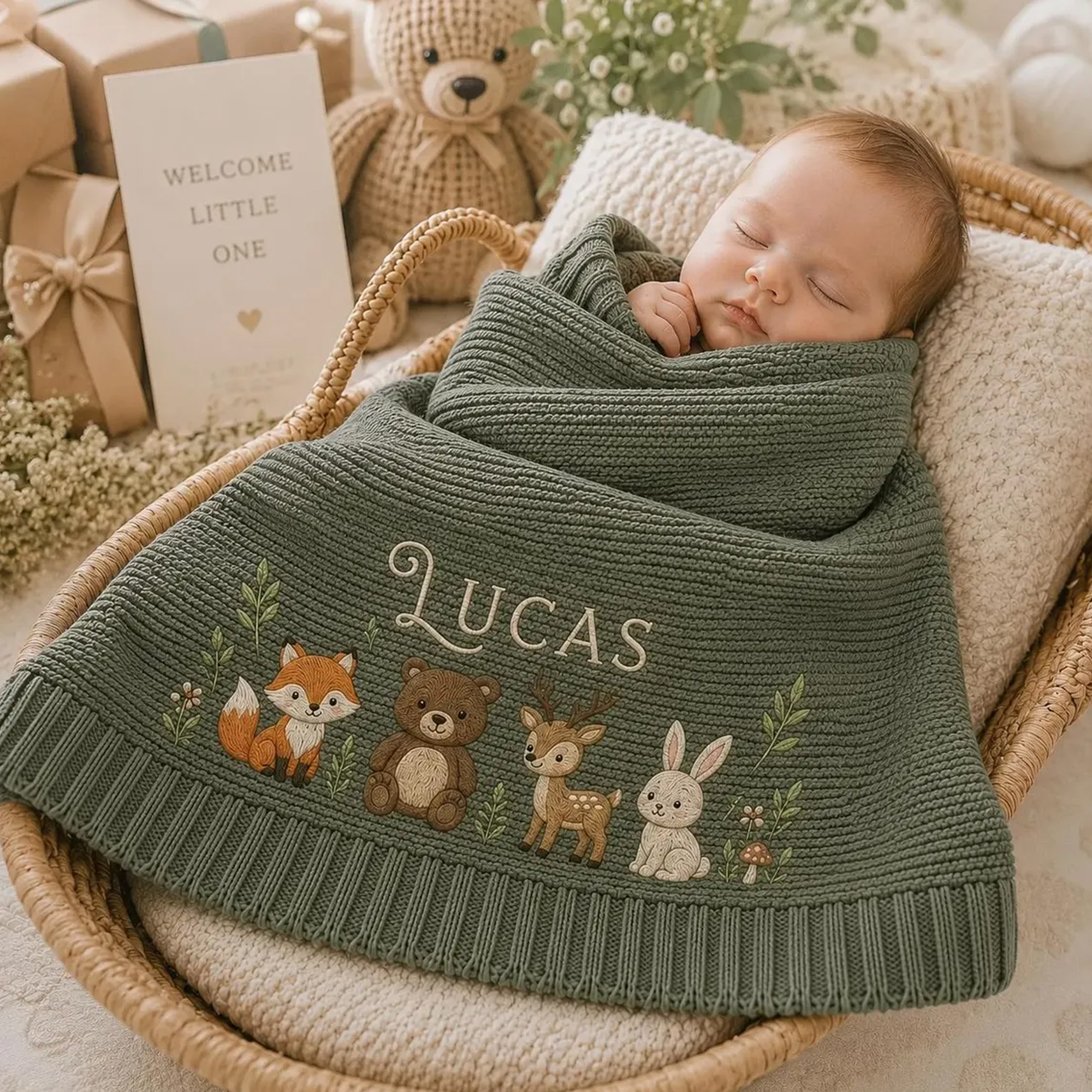 Personalized Woodland Animals Baby Blanket, Embroidered Name Forest Friends Newborn Blanket, Nursery Keepsake, Baby Shower Gift